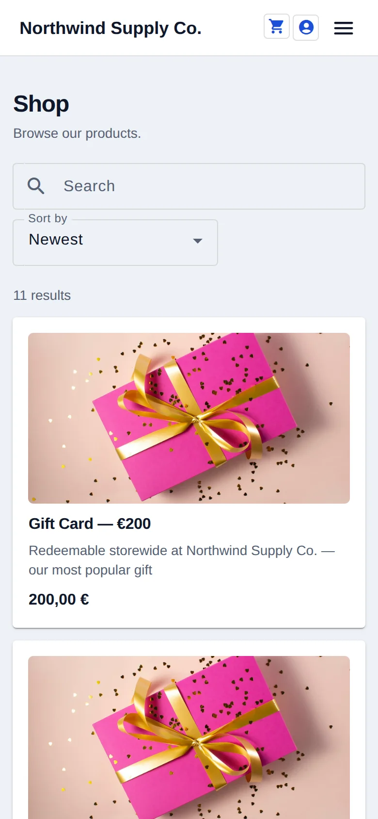 The same product listing page on a phone