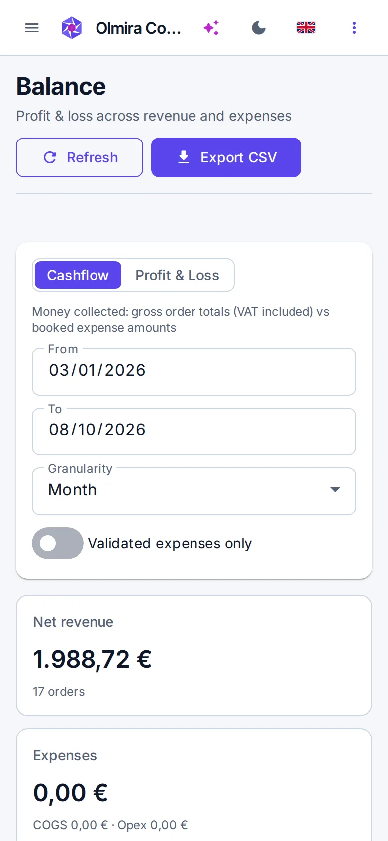 The Olmira balance screen on a phone