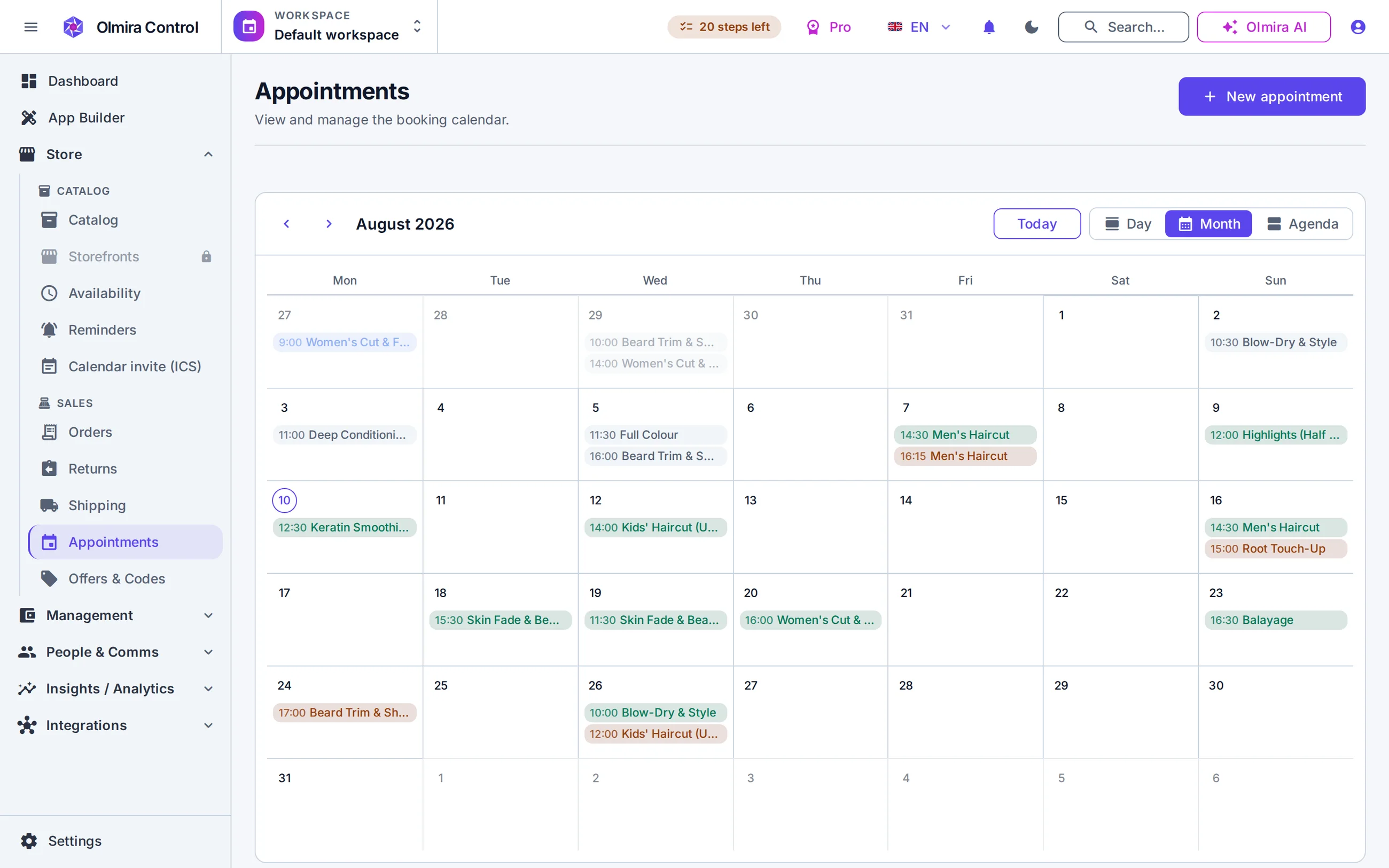 Bookings and scheduling in the Olmira admin