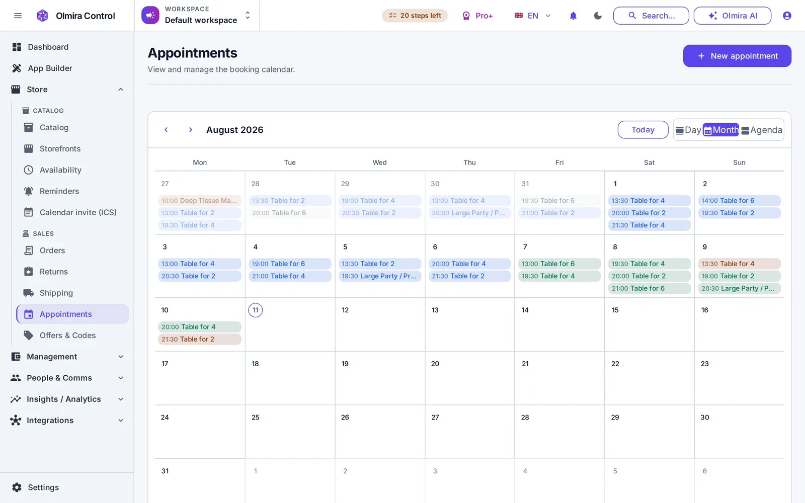 Bookings and scheduling in the Olmira admin