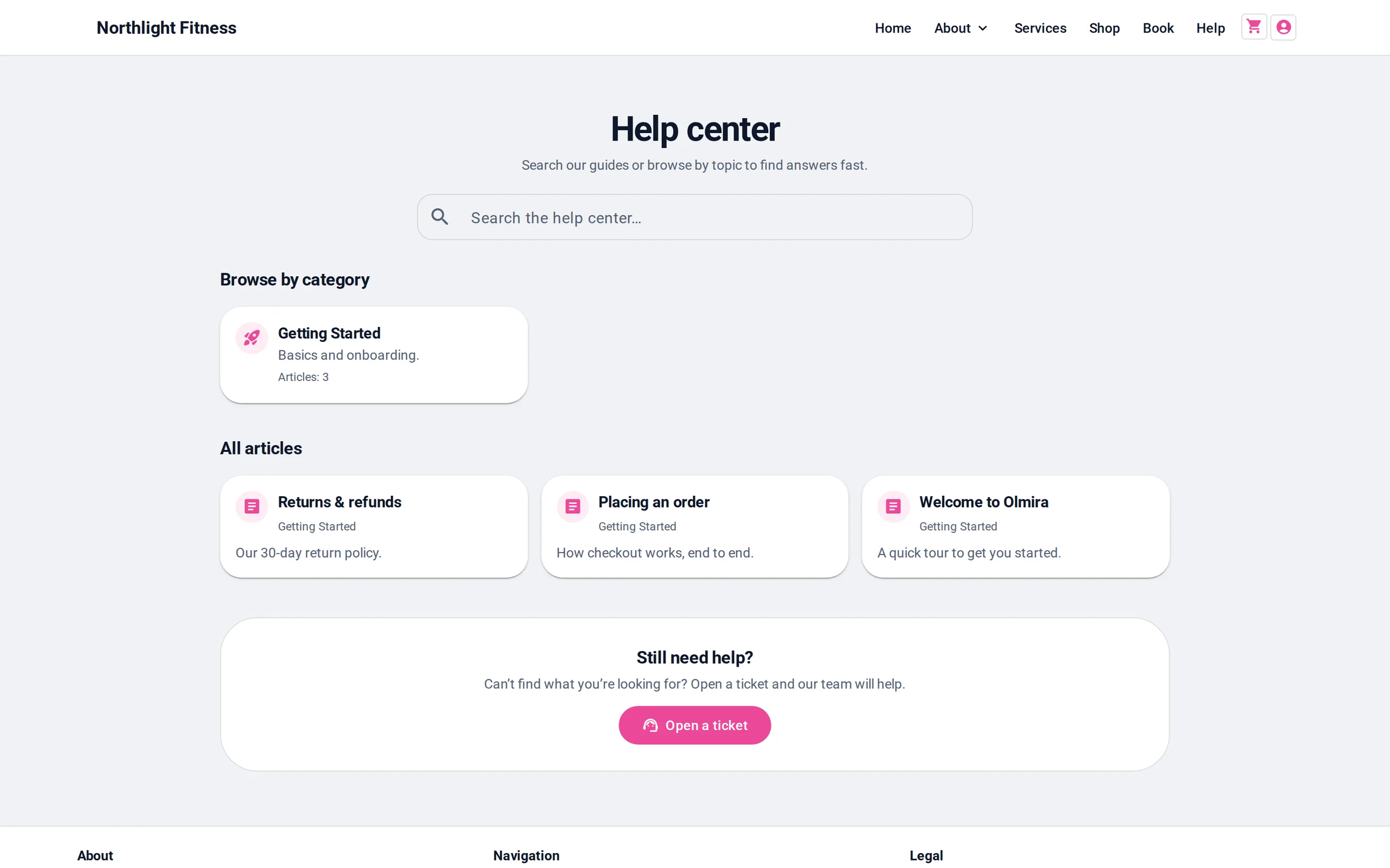 The help centre on an Olmira demo storefront in a desktop browser