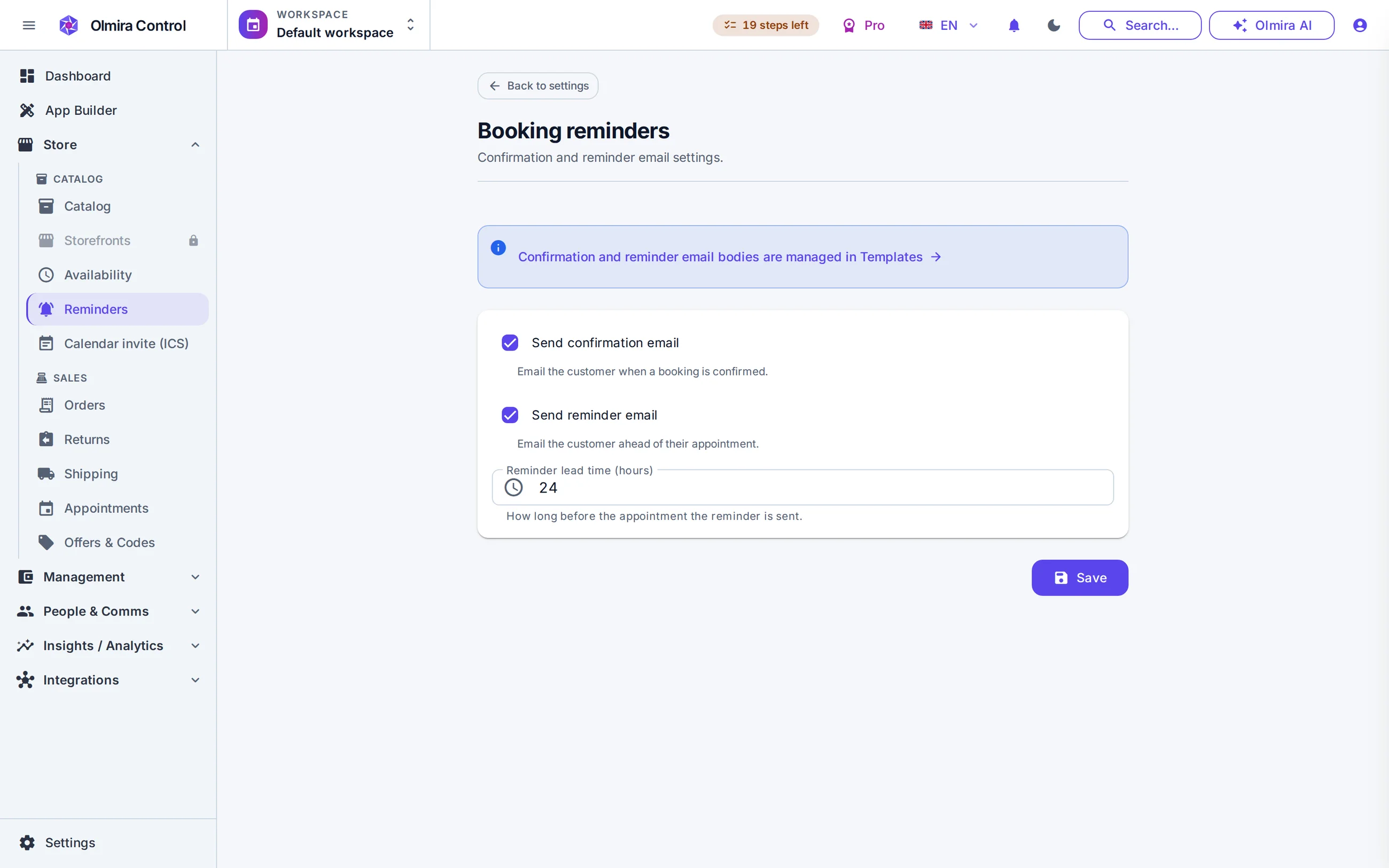 Bookings and scheduling in the Olmira admin