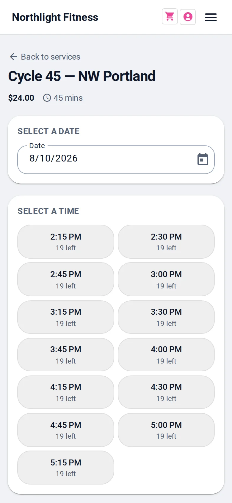 The same booking slot picker on a phone