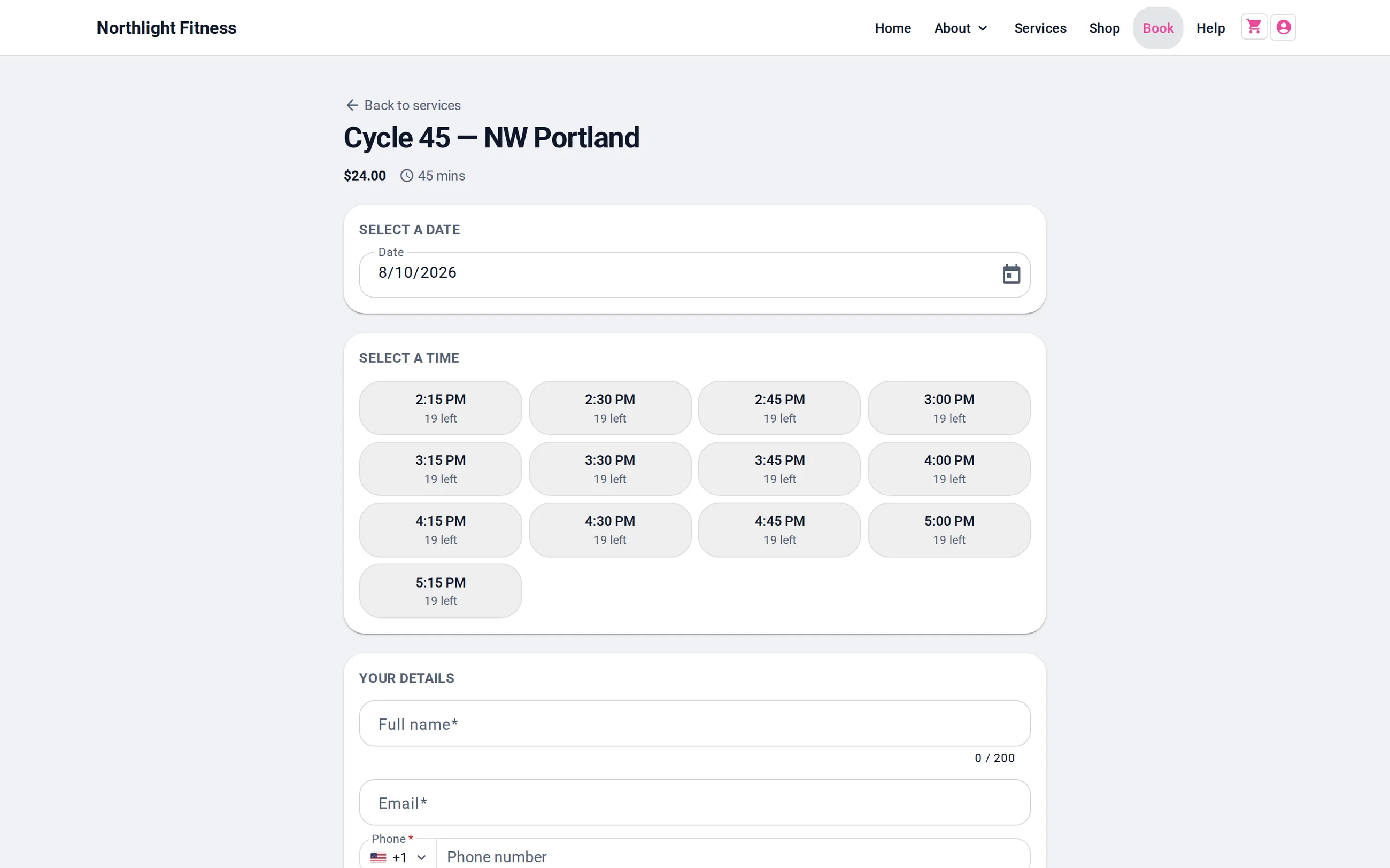 A booking slot picker on an Olmira demo storefront in a desktop browser