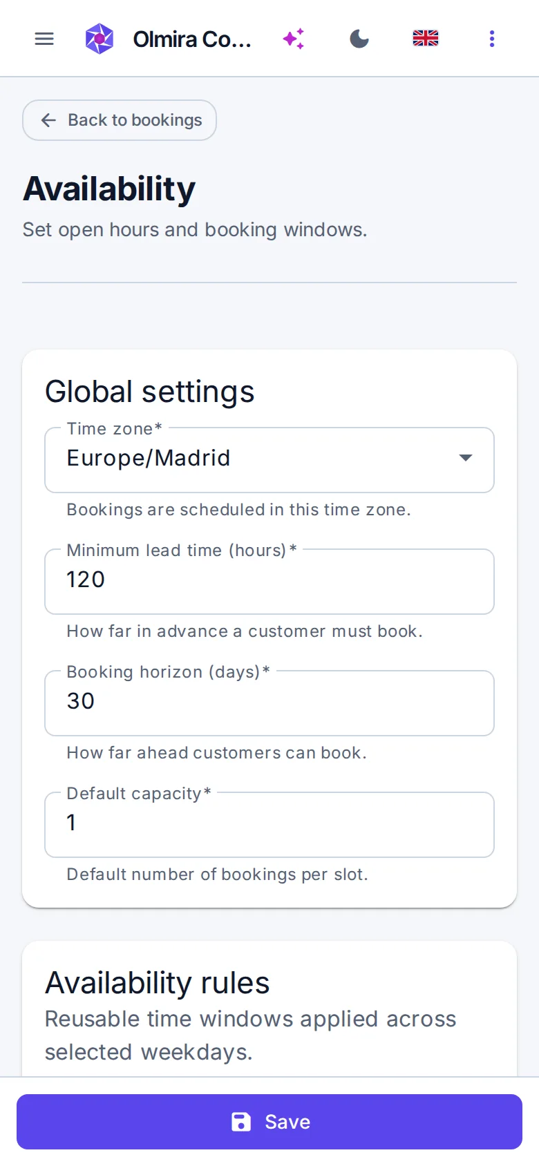 Olmira availability settings on a phone
