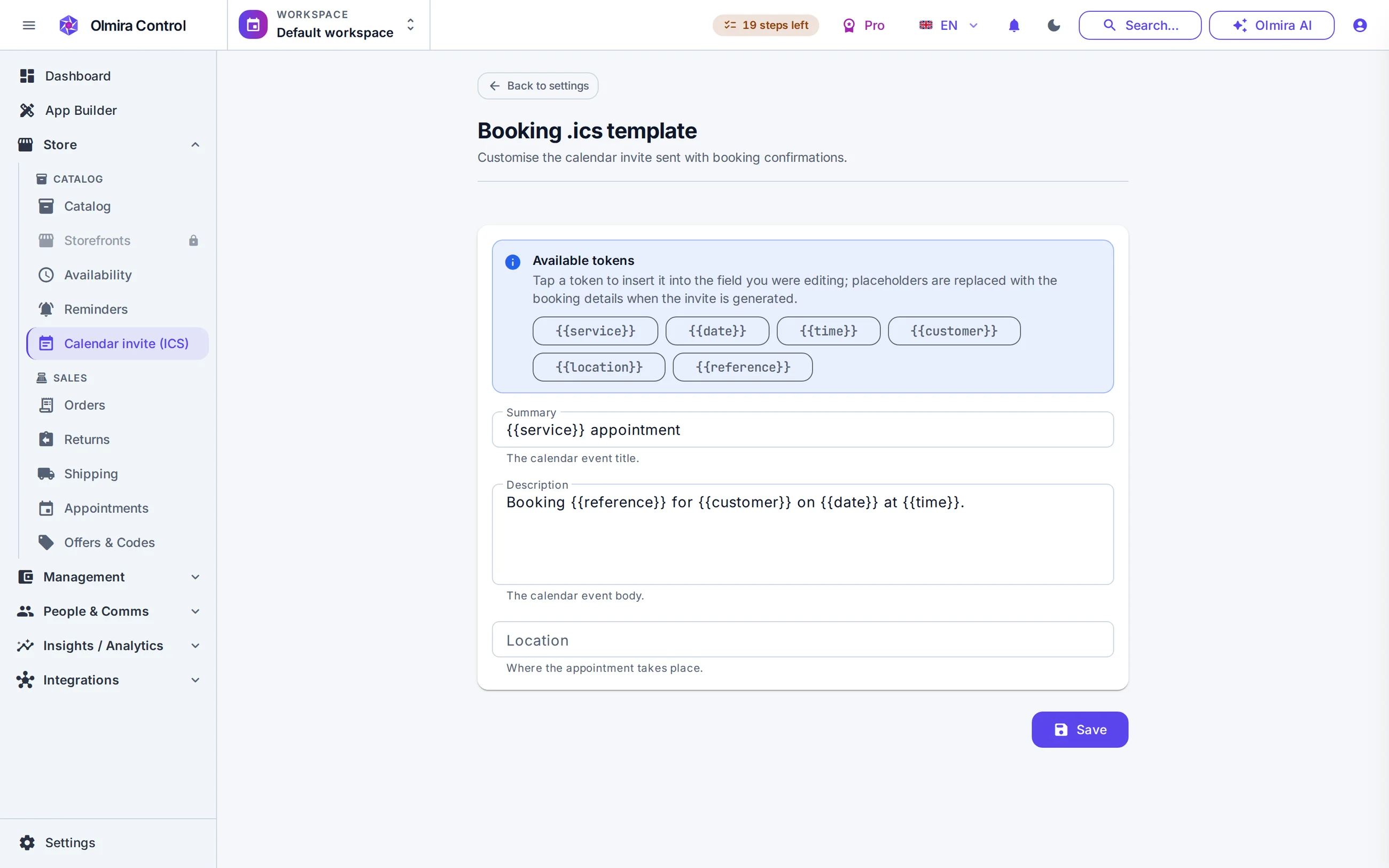 Bookings and scheduling in the Olmira admin