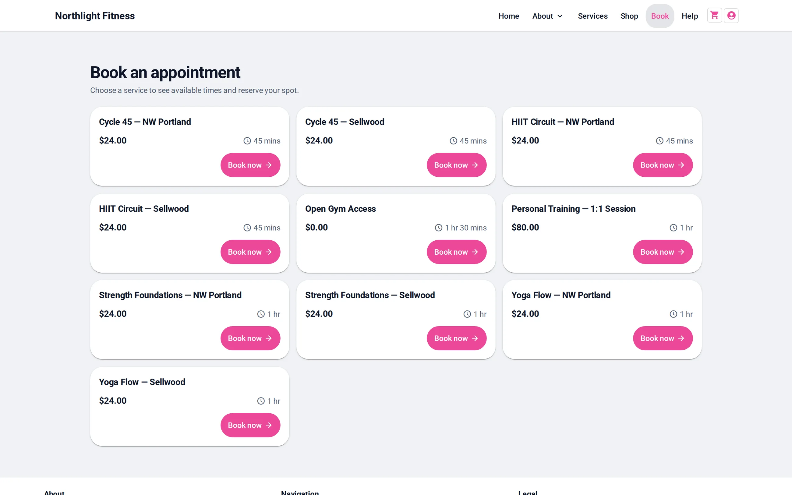 The booking page of an Olmira demo storefront in a desktop browser