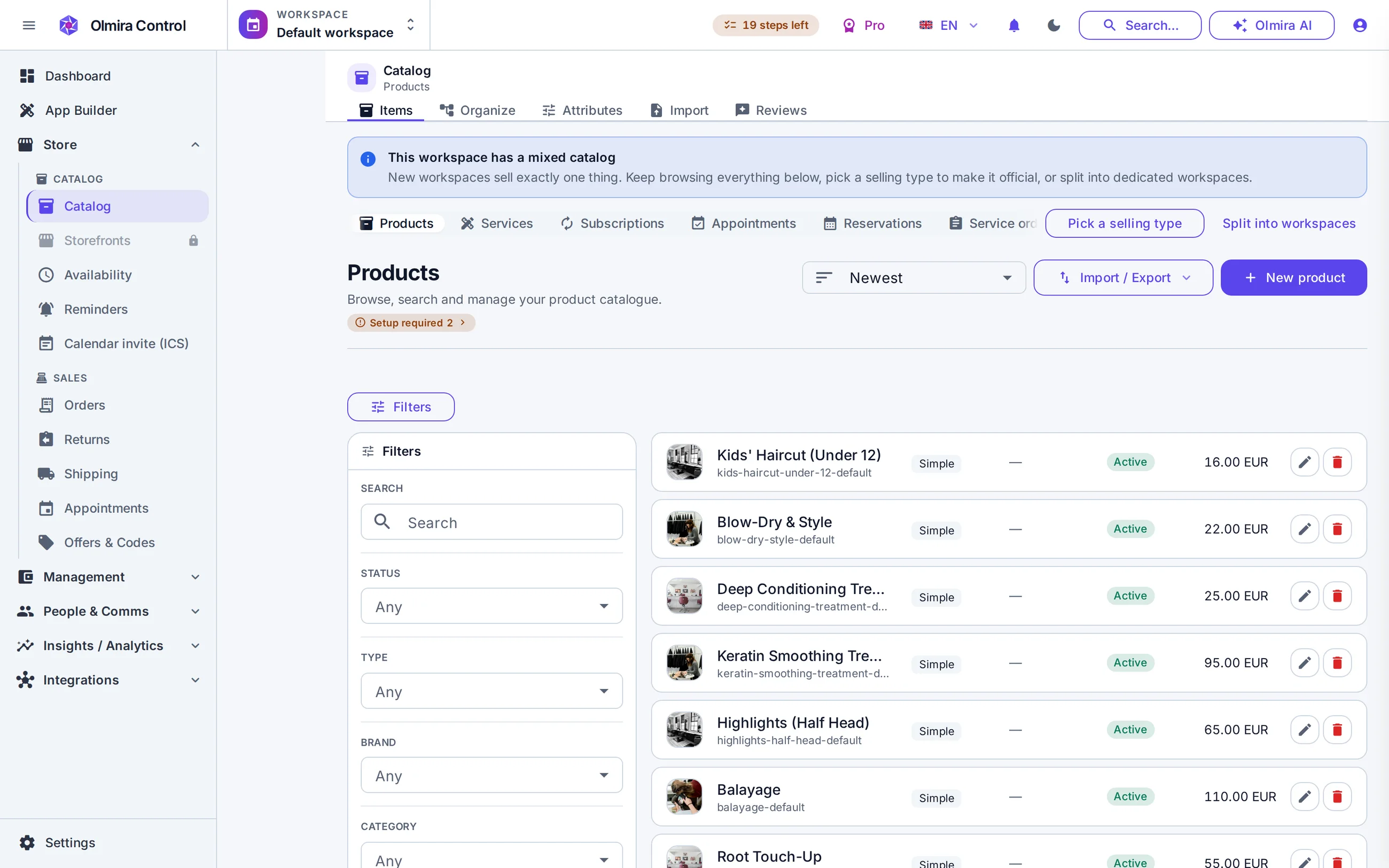 Online store in the Olmira admin