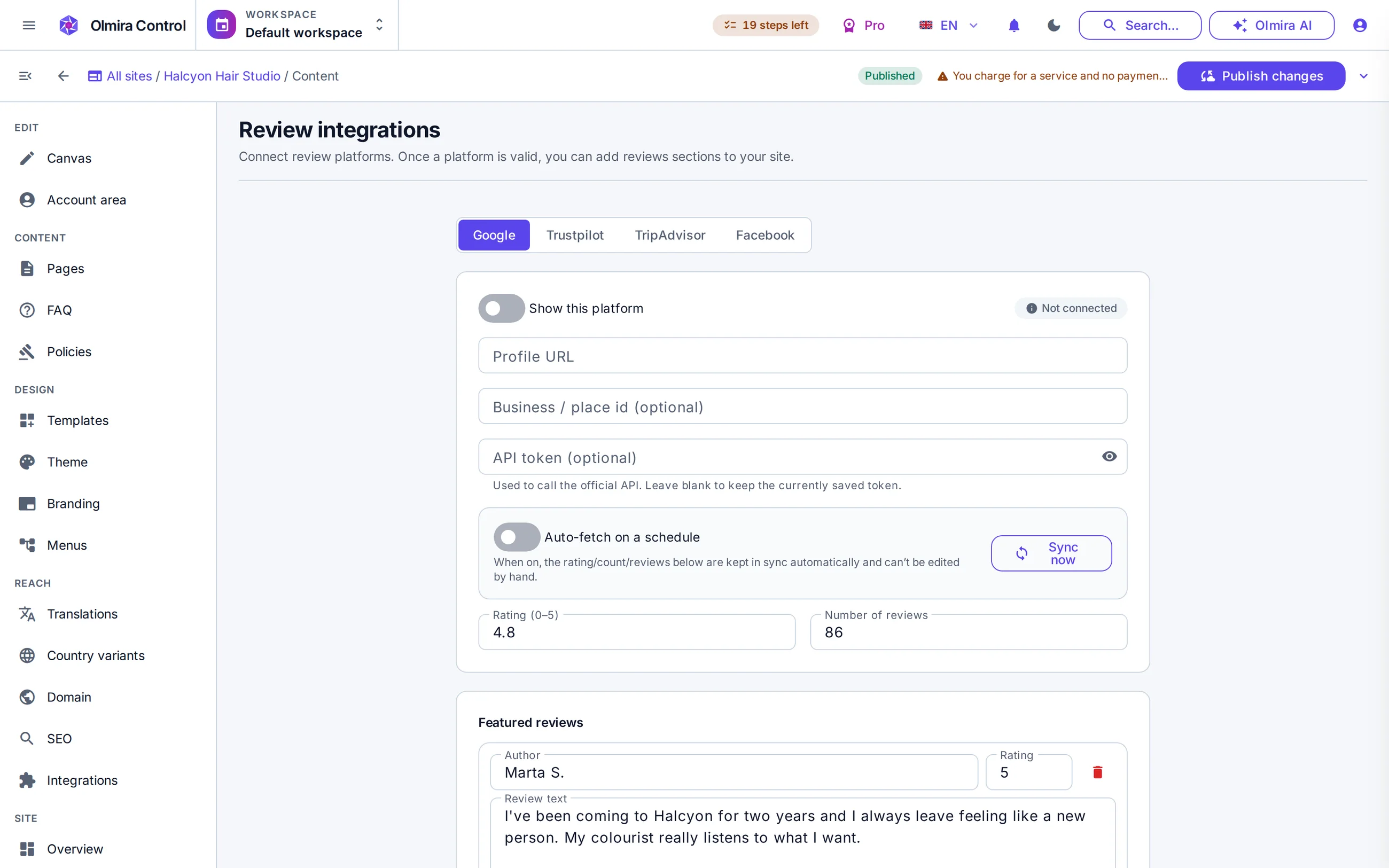 Online store in the Olmira admin