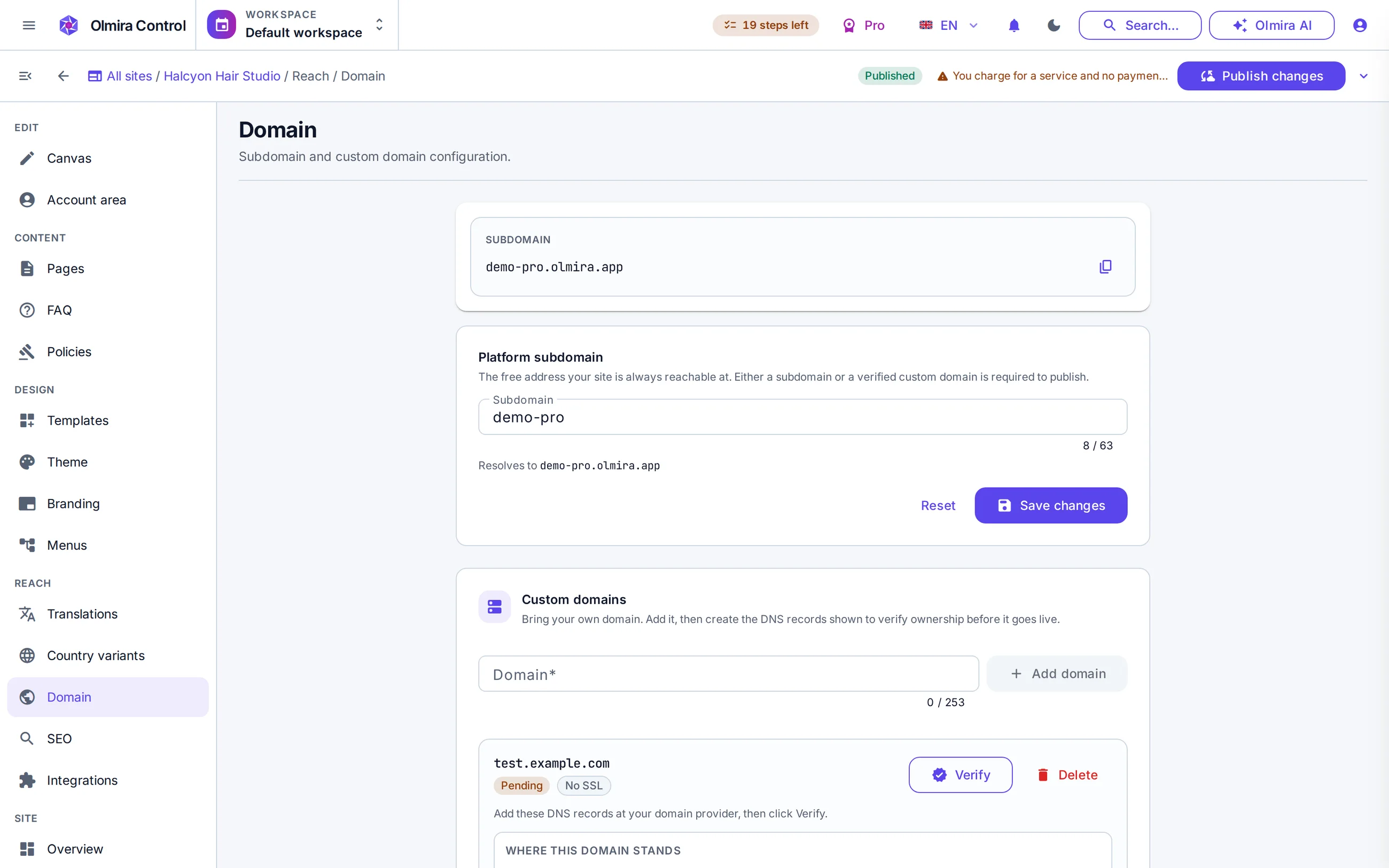 Settings and security in the Olmira admin