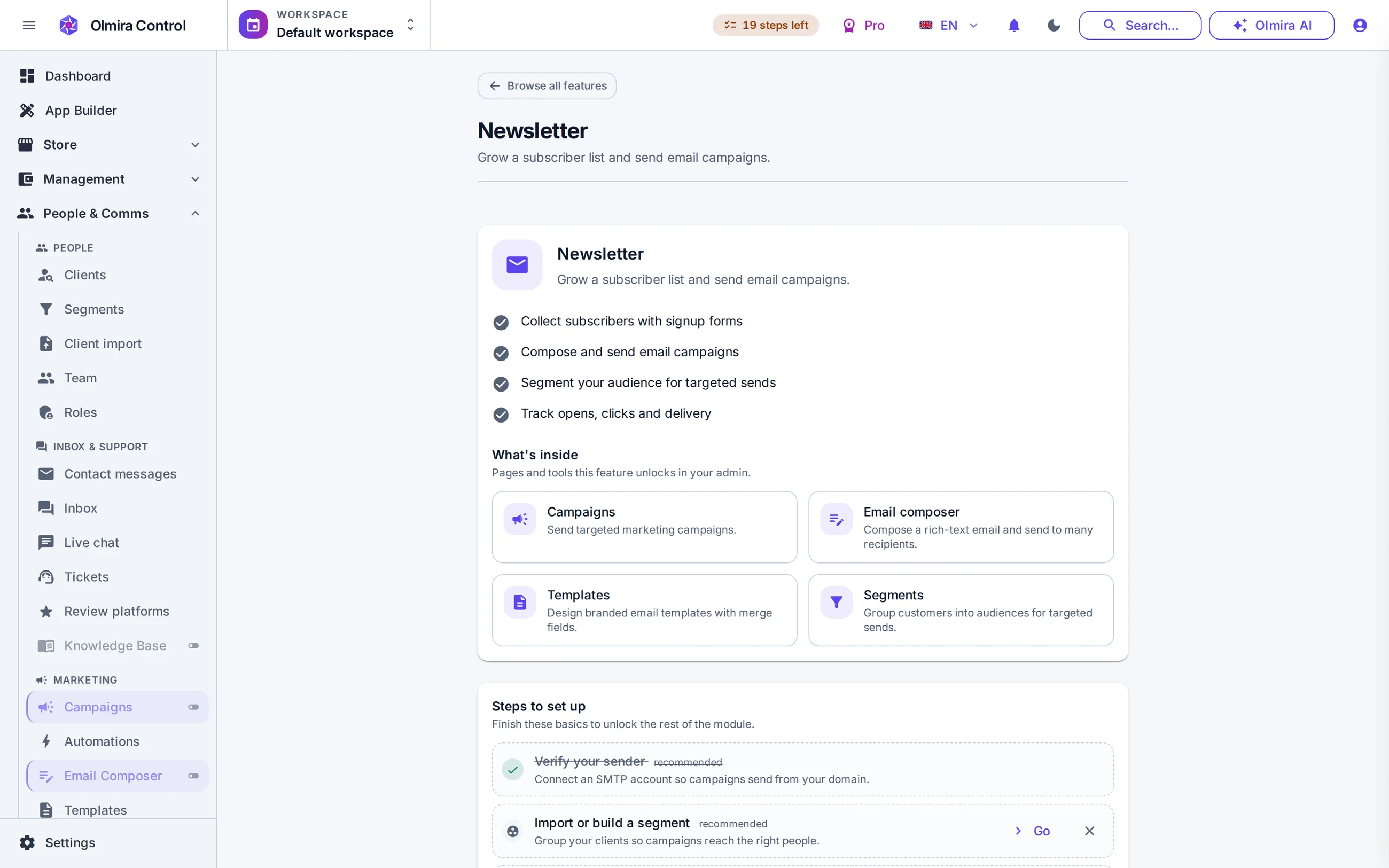 Marketing and CRM in the Olmira admin