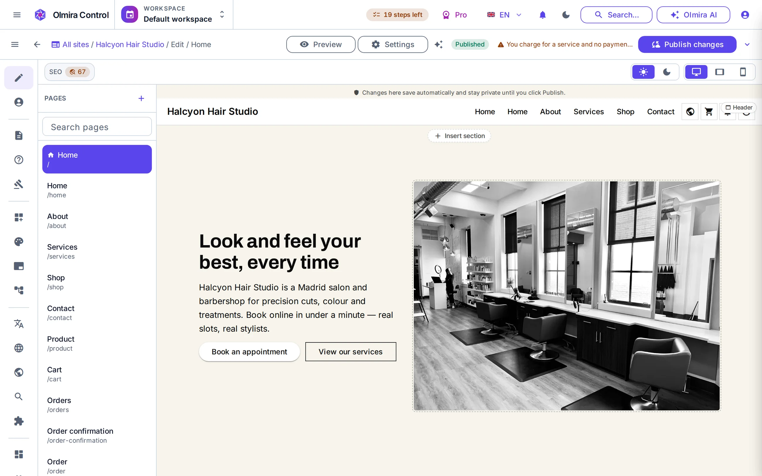 Site builder in the Olmira admin