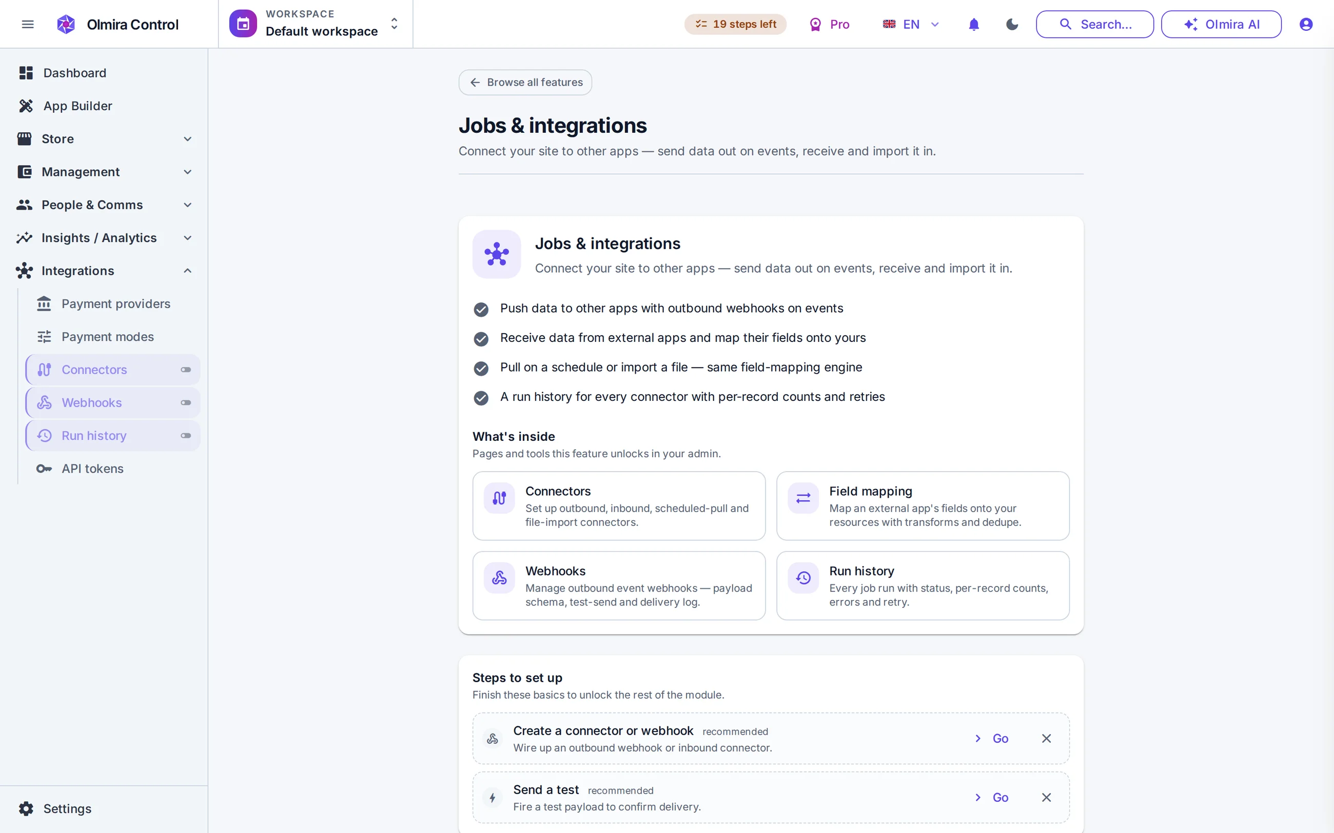 Integrations and jobs in the Olmira admin