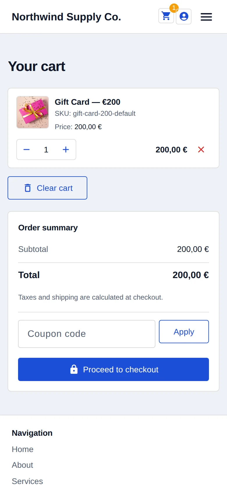 The same Olmira demo shopping basket on a phone