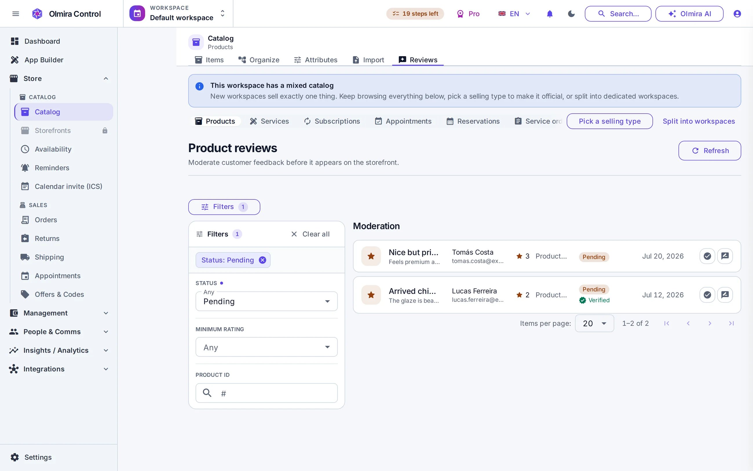 Online store in the Olmira admin