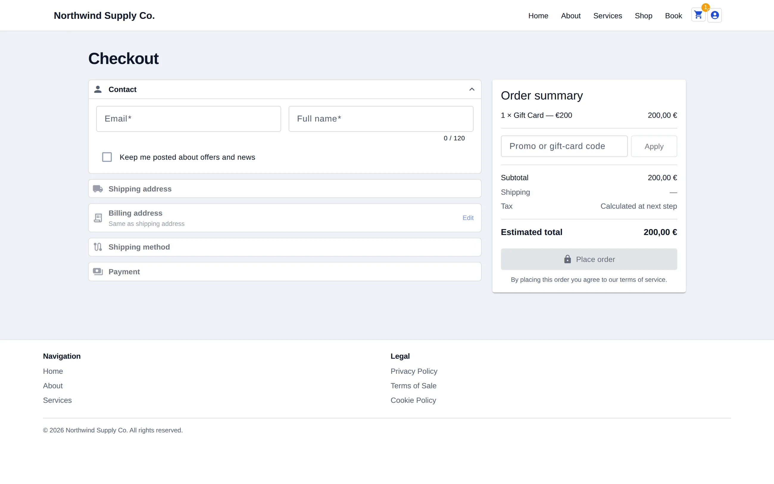 The checkout step of an Olmira demo storefront in a desktop browser