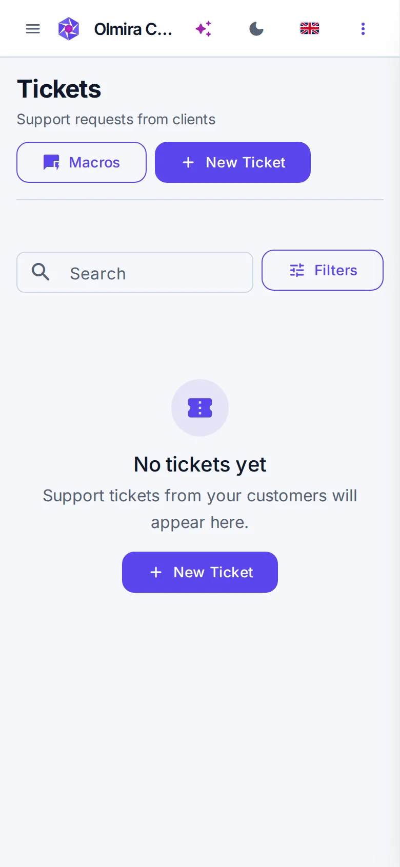 The Olmira support ticket queue on a phone