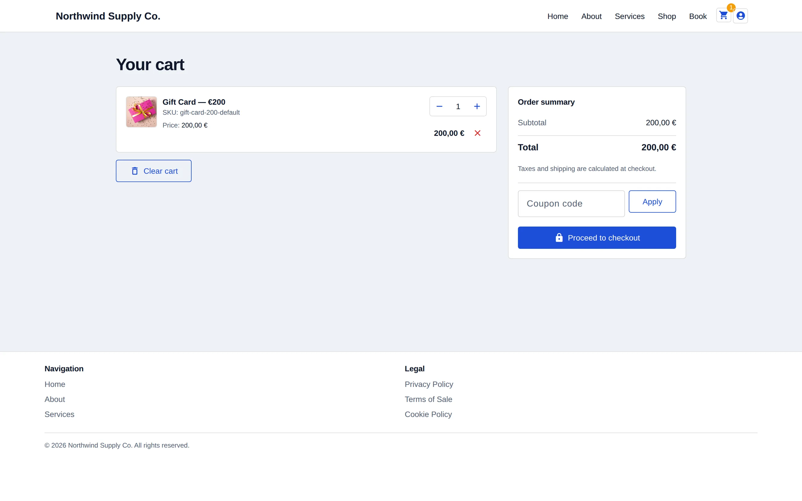 The shopping basket on an Olmira demo storefront in a desktop browser