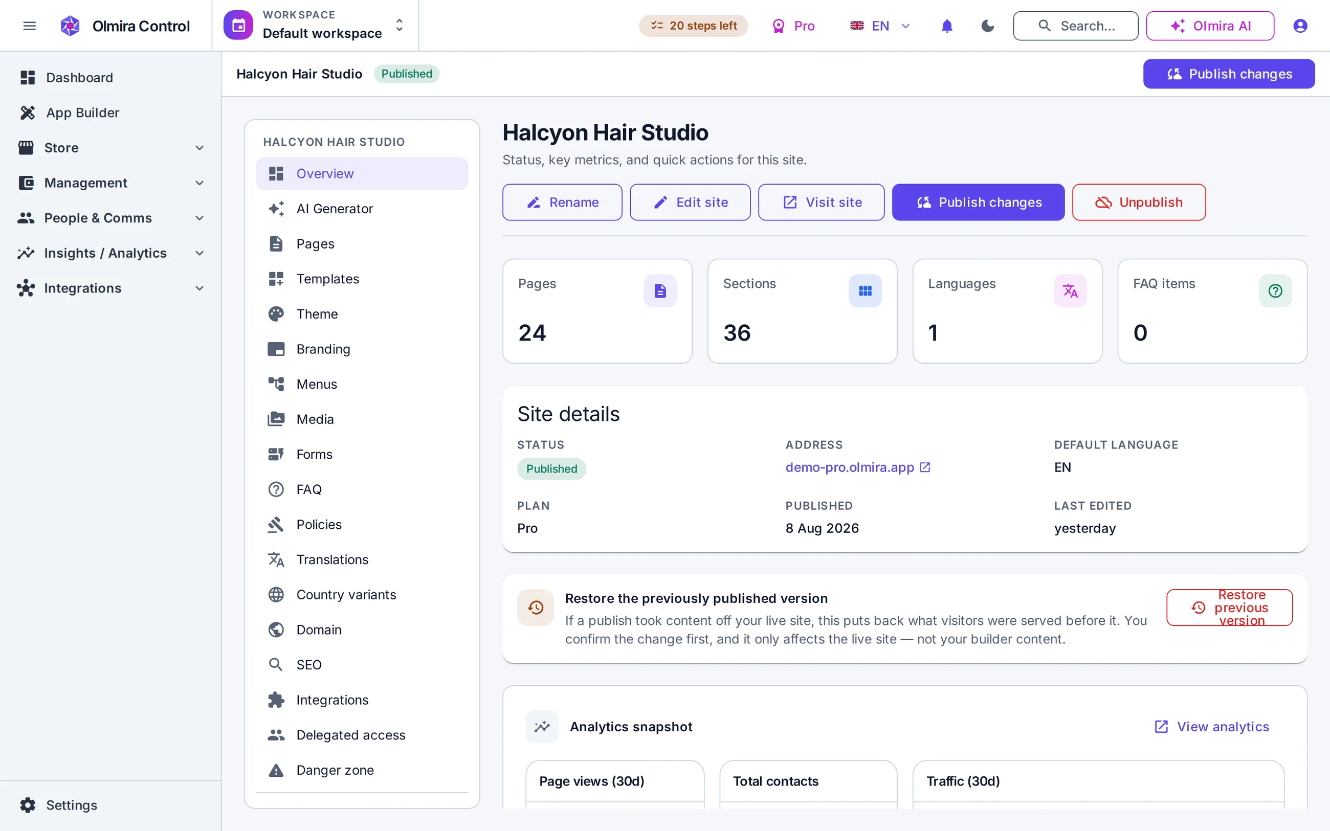 Site builder in the Olmira admin