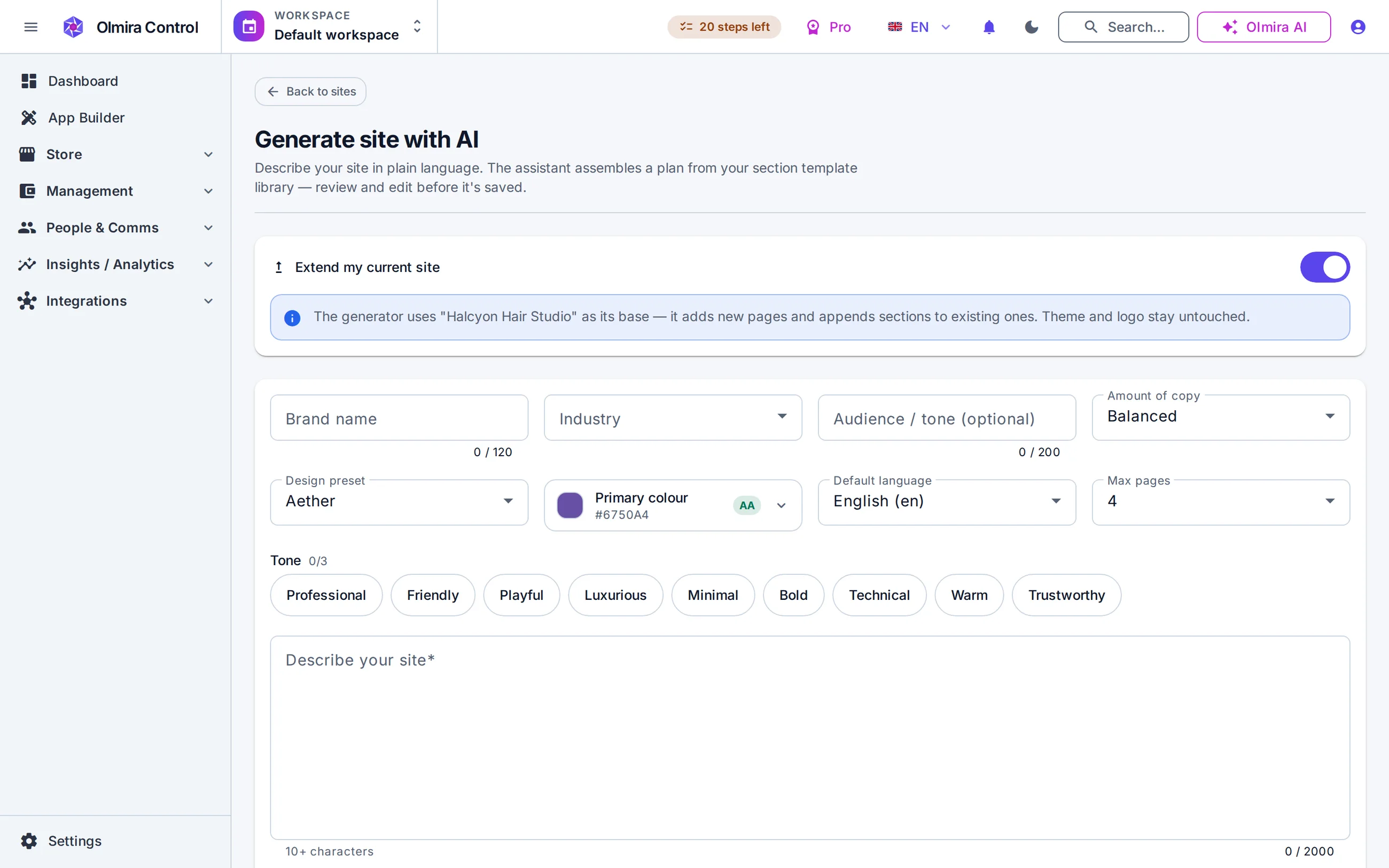 The Olmira AI site generator drafting a site from a short description