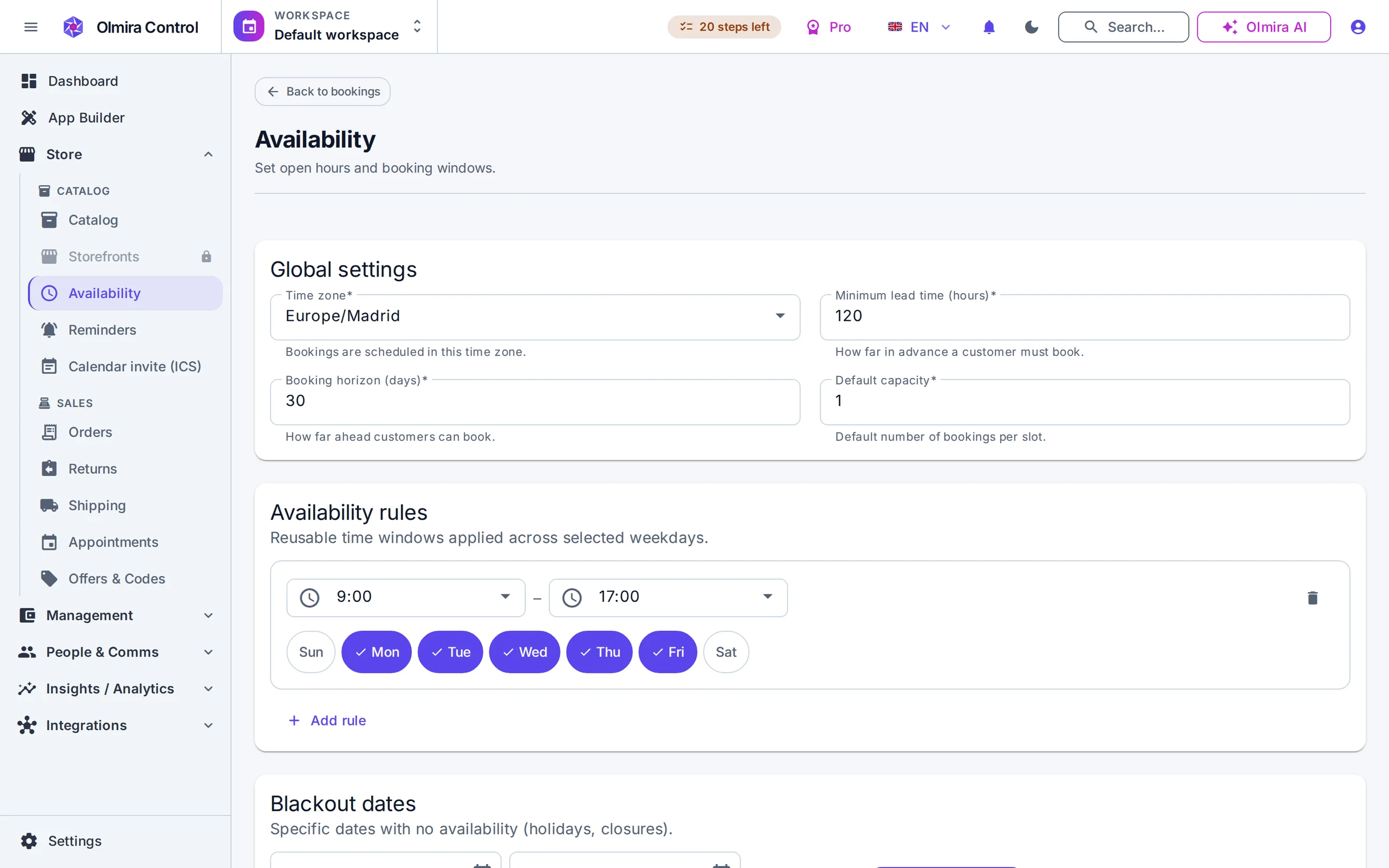Bookings and scheduling in the Olmira admin