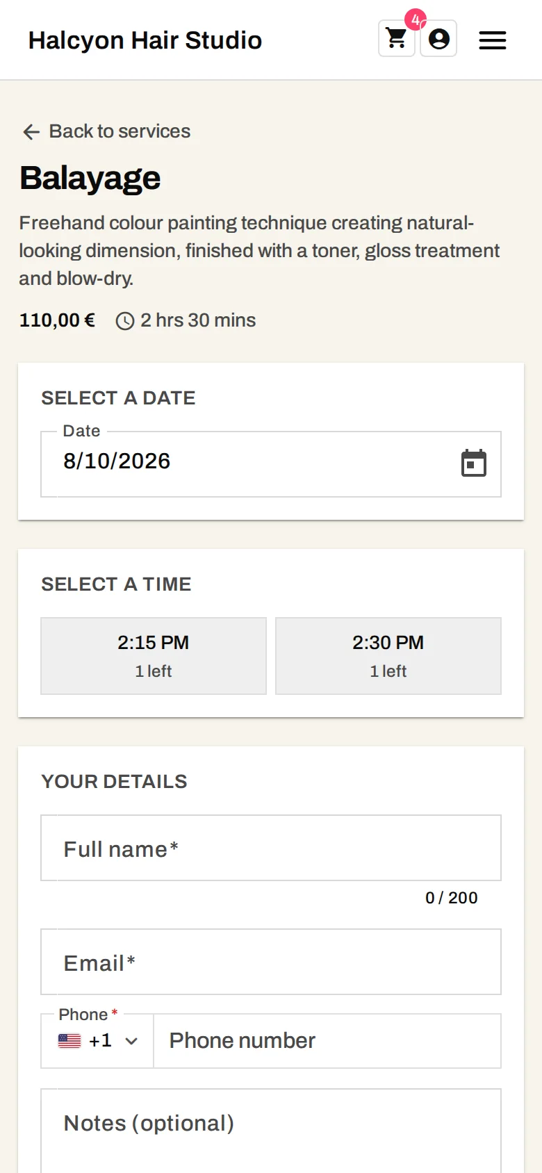 The same booking slot picker on a phone