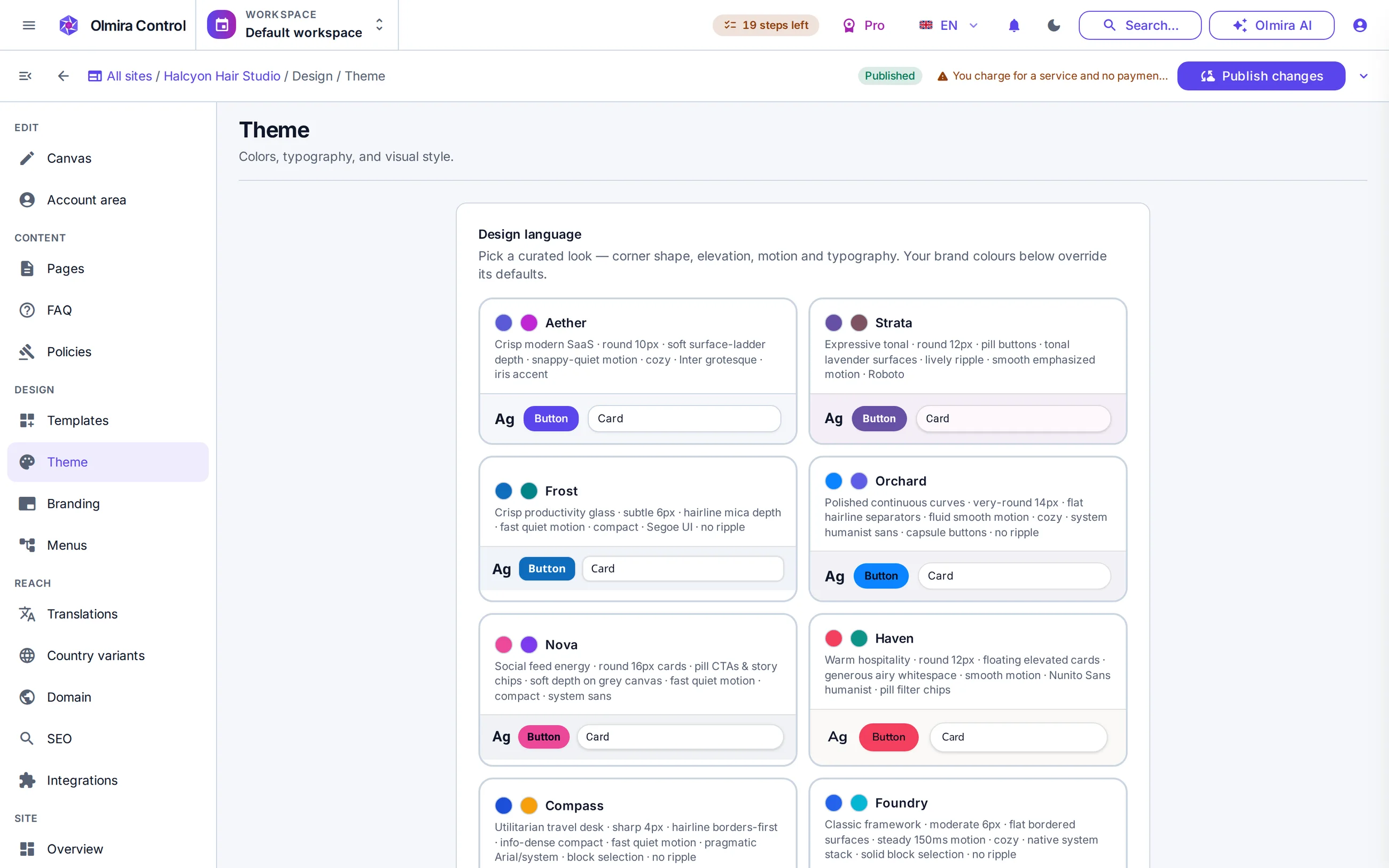 Site builder in the Olmira admin