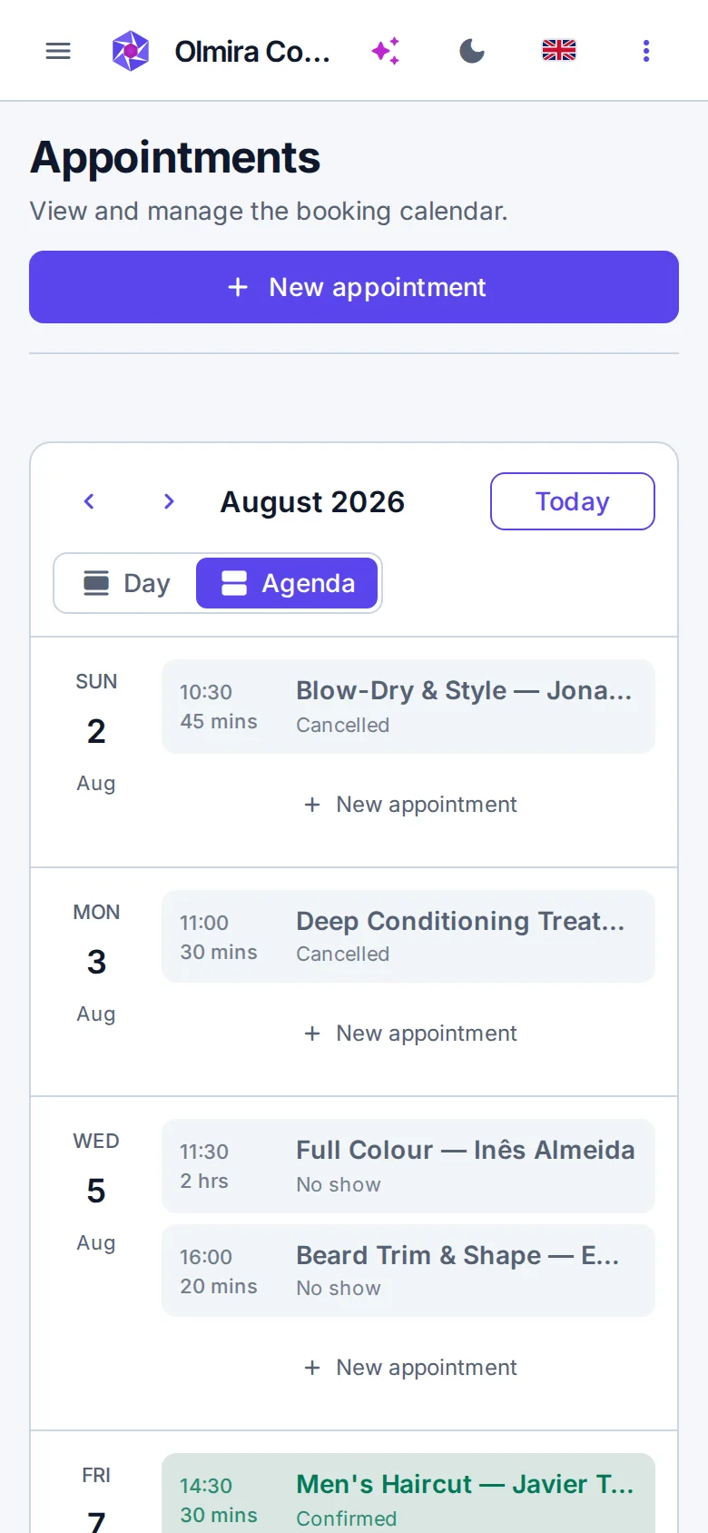 The Olmira appointment diary on a phone, showing the day's bookings