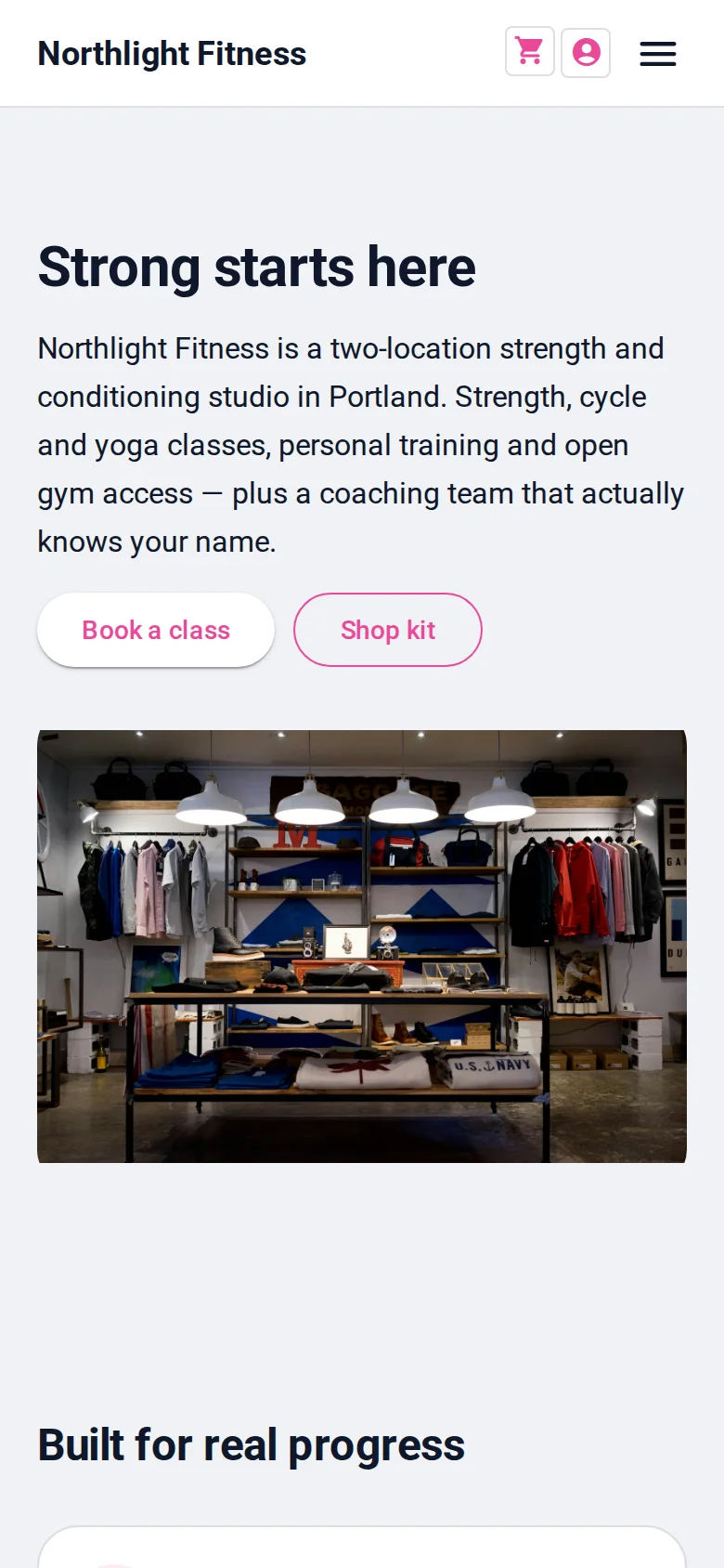 The same Olmira demo storefront home page on a phone